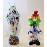 Glass clown in various colours, blue and green with red hat, together with a glass vase modelled