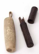 Mixed Lot: ornamentally turned hardwood cylindrical case with pull off cover, length 12cms, together