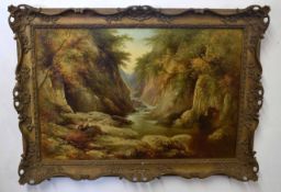 George Goodman, signed oil on canvas, Figures in a mountainous river landscape, 50 x 75cm