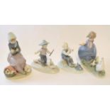 Group of Continental porcelain figurines including two Lladro figures, one of a young girl with