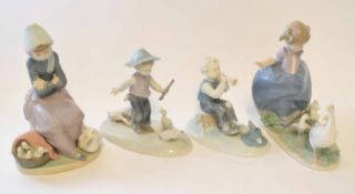 Group of Continental porcelain figurines including two Lladro figures, one of a young girl with