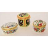 Collection of three Halcyon Days enamel boxes, one decorated with poppies and field mice, another