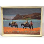 George West, signed oil on board, Figure and donkeys in mountain coastal scene, 44 x 63cm