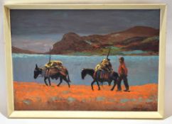 George West, signed oil on board, Figure and donkeys in mountain coastal scene, 44 x 63cm