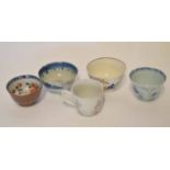 Group of European and Oriental ceramics comprising four tea bowls and a Chinese cup decorated en