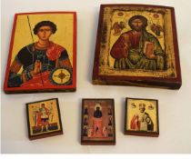 Mixed Lot: five various modern and gilt highlighted religious icons, tallest 22cm, various dates and