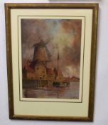 Louis van Staaten, signed pair of watercolours, Dutch river views with windmill, 40 x 30cm (2)