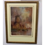 Louis van Staaten, signed pair of watercolours, Dutch river views with windmill, 40 x 30cm (2)