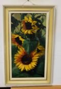 Indistinctly signed oil on board, Sunflowers, 54 x 27cm