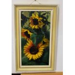 Indistinctly signed oil on board, Sunflowers, 54 x 27cm