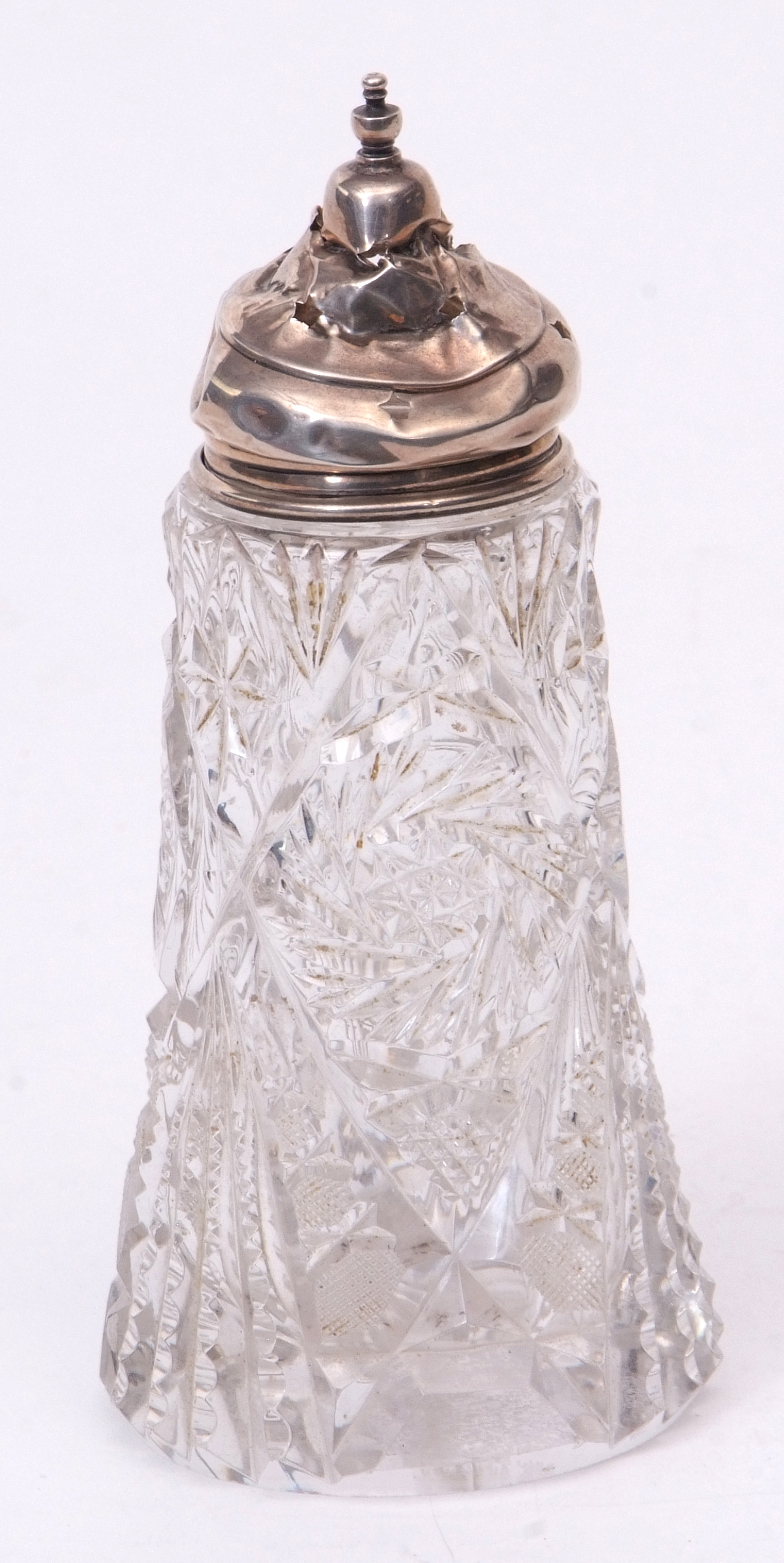 Early 20th century clear cut glass and silver lidded table caster (cover heavily damaged and marks