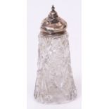 Early 20th century clear cut glass and silver lidded table caster (cover heavily damaged and marks