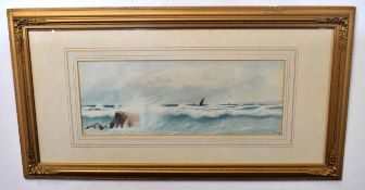 J Broad, signed and dated 1912, pair of watercolours, Seascapes, 20 x 50cm