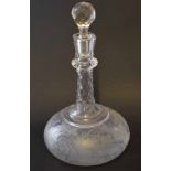 19th century cut glass decanter with engraved design of fruiting vine, 29cm high