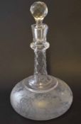 19th century cut glass decanter with engraved design of fruiting vine, 29cm high