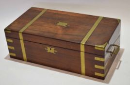 Mid-19th century rosewood and brass bound writing slope of hinged rectangular form with brass capped