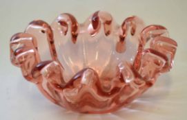 Murano glass bowl in lobed form with cranberry type glaze, 21cm diam