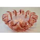Murano glass bowl in lobed form with cranberry type glaze, 21cm diam