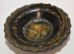 Late 19th century black lacquer papier mache swing handled table basket of scalloped circular form