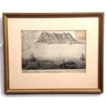 Antique black and white engraving published 1808, "View of Gibraltar", 16 x 26cms