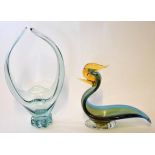 Art glass model of a duck on oval base, a sticker for Ledo on the underside, together with a glass