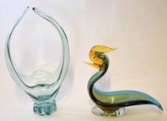 Art glass model of a duck on oval base, a sticker for Ledo on the underside, together with a glass