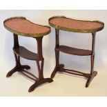 Pair of reproduction French kidney shaped occasional tables with shelves below, raised on splayed