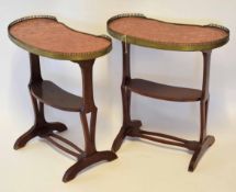 Pair of reproduction French kidney shaped occasional tables with shelves below, raised on splayed