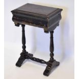 19th century lacquered and japanned work table, lifting lid enclosing a fixed fitted interior,