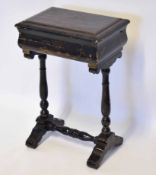 19th century lacquered and japanned work table, lifting lid enclosing a fixed fitted interior,