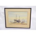 Francis I Naylor, signed pen, ink and watercolour, Beach scene with fishing boats, 23 x 33cms