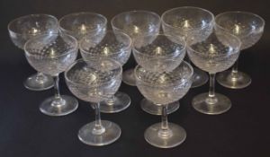 Group of eleven glasses, wine or dessert glasses with bubble type design, each glass 8cm diam