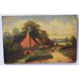 Late 19th century English School oil on panel, Country scene with figure before a cottage, 20 x