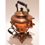 Mid-19th century copper tea kettle on stand of inverted baluster form with overhead carry handle and