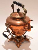 Mid-19th century copper tea kettle on stand of inverted baluster form with overhead carry handle and