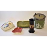 Group of ceramics including a Poole Pottery cheese dish and cover, and a Wedgwood biscuit barrel