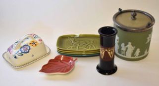 Group of ceramics including a Poole Pottery cheese dish and cover, and a Wedgwood biscuit barrel