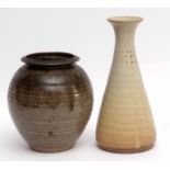 Two Studio pottery vases one with globular body with ridged designs and a further slender vase,