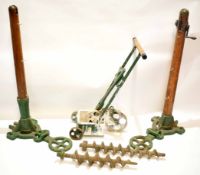 Set of early 20th century cast iron and teak lawn tennis equipment comprising a pair of "Ayres
