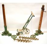 Set of early 20th century cast iron and teak lawn tennis equipment comprising a pair of "Ayres