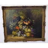 19th century English School oil on canvas, Still Life study of mixed fruit and flowers on a mossy