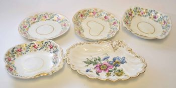 Group of 19th century Derby wares comprising dishes and plates with a gilt and sprig design, painted