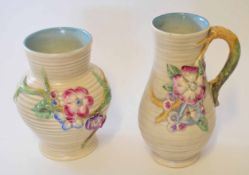 Group of Clarice Cliff My Garden wares including a vase and ewer with handle, ewer 21cm high