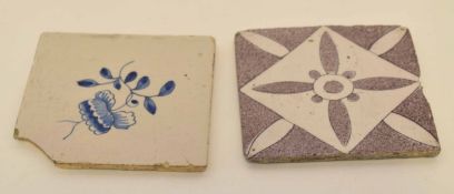 Group of two 18th century Delft tiles, one with a manganese design, the other decorated in blue