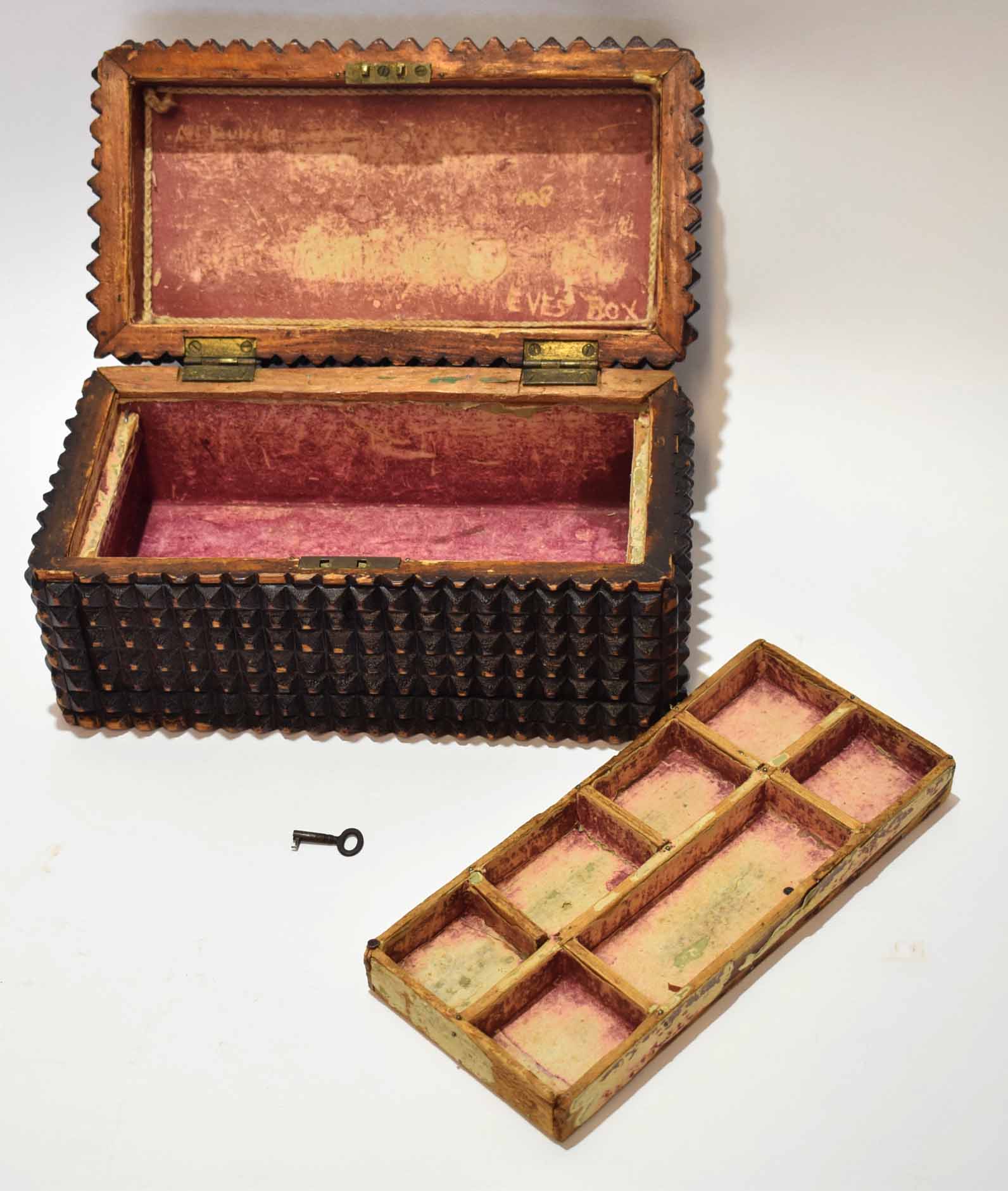 Late 19th century "trampwork" work box of rectangular form with hinged cover and all over panels - Image 2 of 2