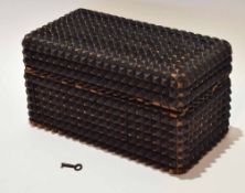 Late 19th century "trampwork" work box of rectangular form with hinged cover and all over panels