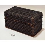 Late 19th century "trampwork" work box of rectangular form with hinged cover and all over panels