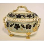 19th century Bloor Derby sucrier and cover of bombe form with gilt line mask handles and feet, the