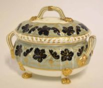 19th century Bloor Derby sucrier and cover of bombe form with gilt line mask handles and feet, the