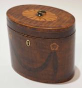 Regency mahogany boxwood and kingwood inlaid tea caddy, of oval form with hinged cover and ring